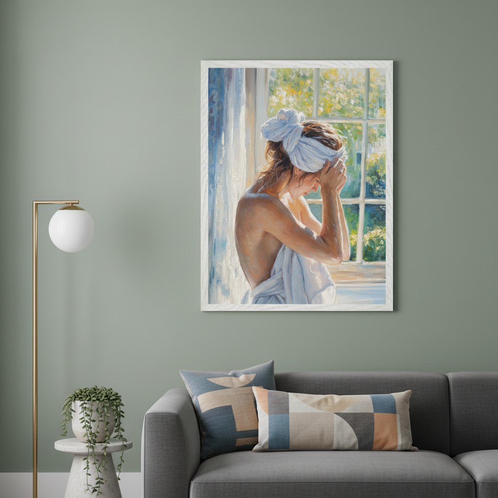 Modern living room with a gray sofa, floor lamp, and side table. A painting of a woman in a white towel by a sunlit window, in an impressionistic style, hangs above the right side of the sofa.