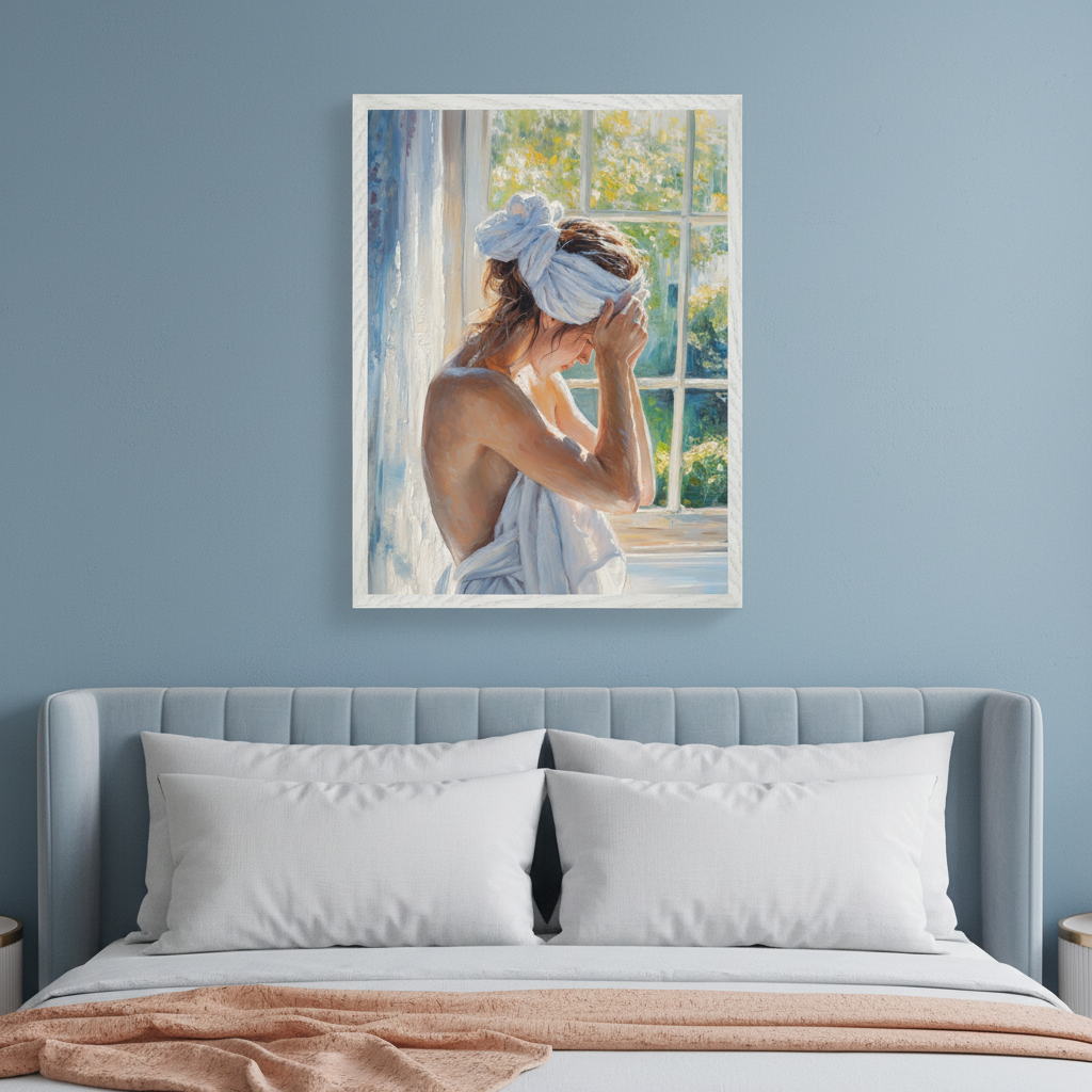 Modern bedroom with a light blue upholstered bed. A framed impressionistic painting of a woman in a white towel by a sunlit window hangs on the blue wall above the bed.