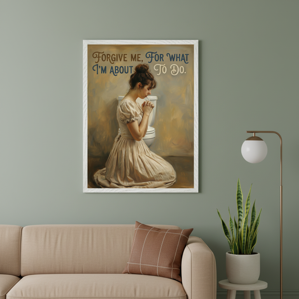 Modern living room with a beige sofa. A framed painting depicting a woman kneeling before a toilet with hands clasped hangs above the sofa. Text above reads "FORGIVE ME, FOR WHAT I'M ABOUT TO DO." A floor lamp and plant are on the right.