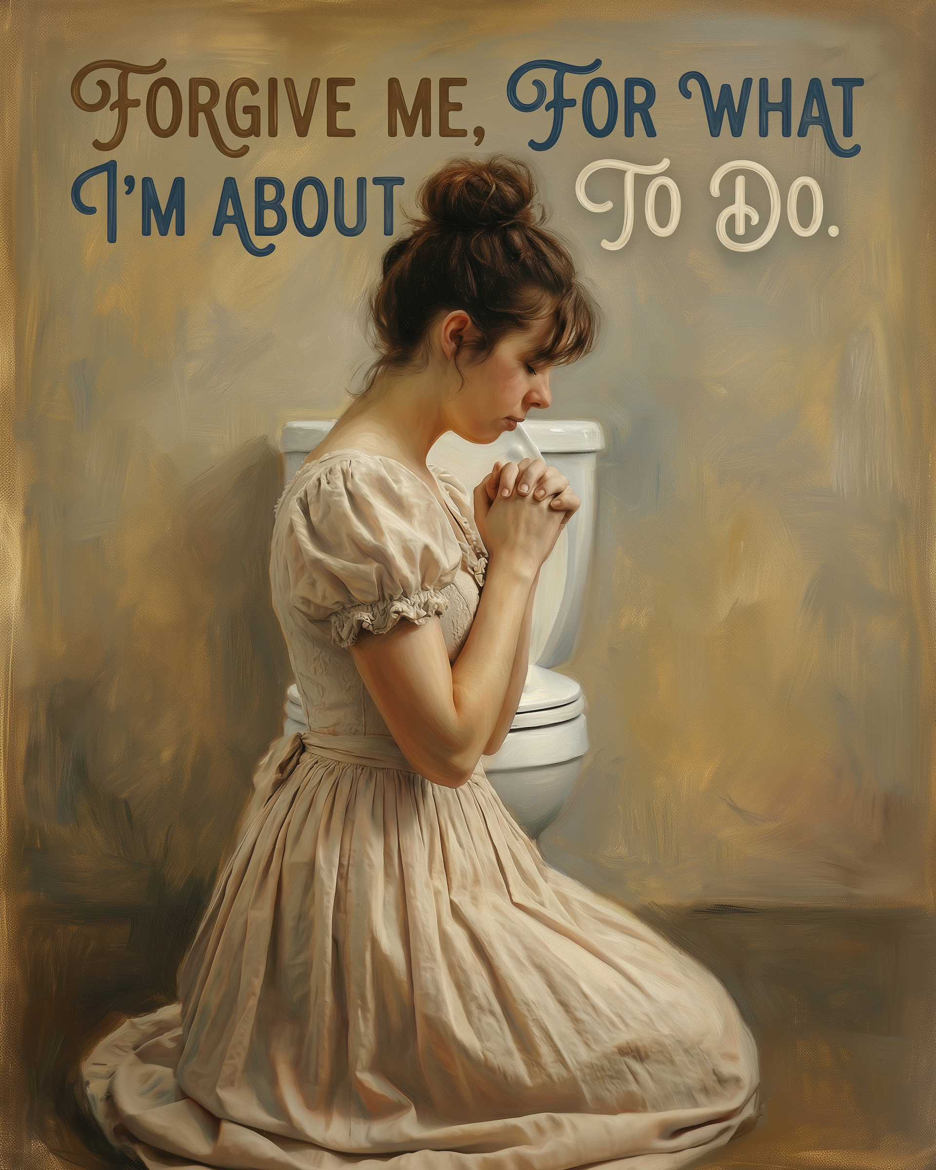  A young woman in a vintage dress kneels and prays beside a toilet with a pained expression, above her the caption reads “Forgive me, for what I’m about to do.” The dramatic scene humorously blends prayer with bathroom urgency.
