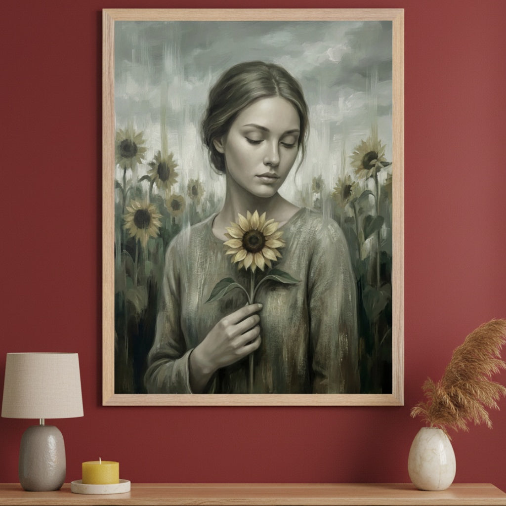 Modern living room with a dark red wall, featuring a wooden console table with a lamp, candle, and vase of dried grass. Above the table, a large framed painting depicts a woman with closed eyes holding a sunflower in a muted, painterly field.