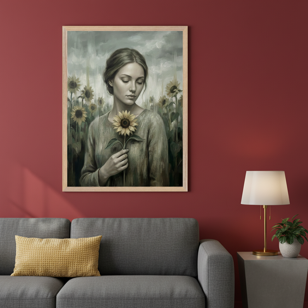 Living room with a red wall and a gray sofa with a yellow cushion. A large framed painting of a woman holding a sunflower in a field of sunflowers hangs above the sofa. A side table with a lamp is to the right.