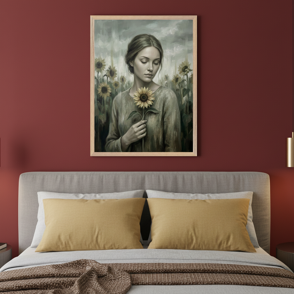Modern bedroom with a gray upholstered bed. A framed painting of a woman with closed eyes holding a sunflower in a field, in a muted painterly style, hangs on a red wall above the bed.