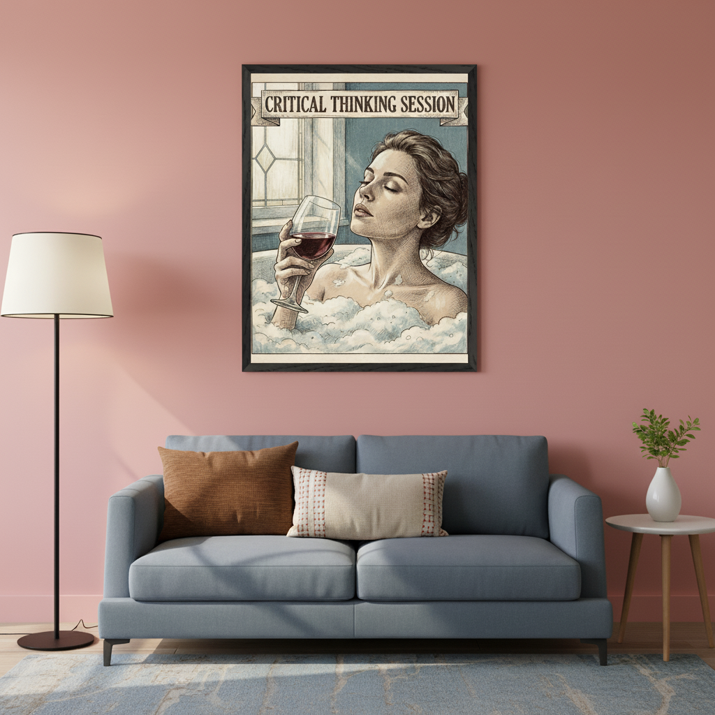 Living room with a pink wall. A framed illustration of a woman in a bubble bath holding red wine, titled "CRITICAL THINKING SESSION," hangs centered above a blue sofa with cushions. A floor lamp is left, a side table with a plant is right.