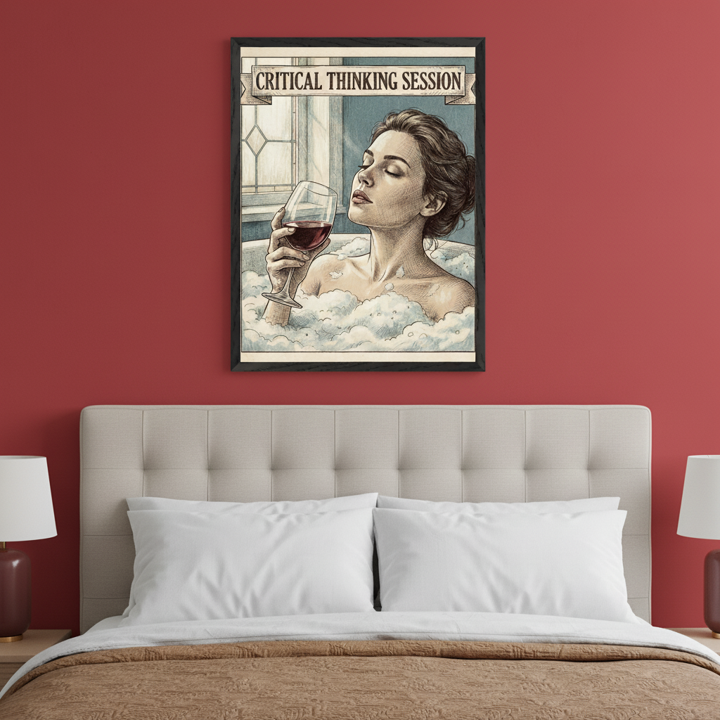 Modern bedroom with a red wall and a beige tufted headboard. A framed illustration of a woman in a bubble bath holding red wine, titled "CRITICAL THINKING SESSION", hangs centered above the bed.
