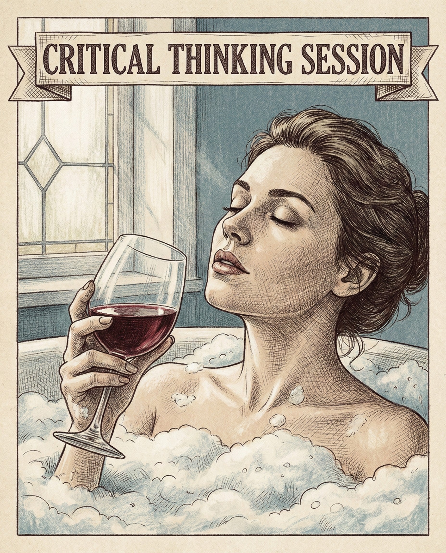 Vintage-style illustration of a woman relaxing in a bubble bath holding a glass of red wine with her eyes closed beside the banner text “Critical Thinking Session” blending humor with self-care and introspection
