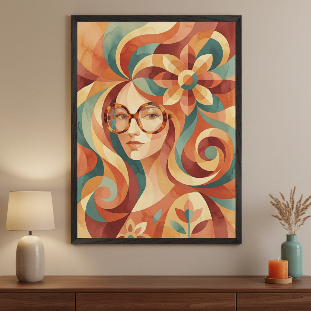 Modern room with a dark wood dresser. A large framed geometric watercolor portrait of a woman with large round glasses and swirling colorful hair hangs centered above the dresser. A lamp is on the left, and a vase with dried grass and a candle are on the right.