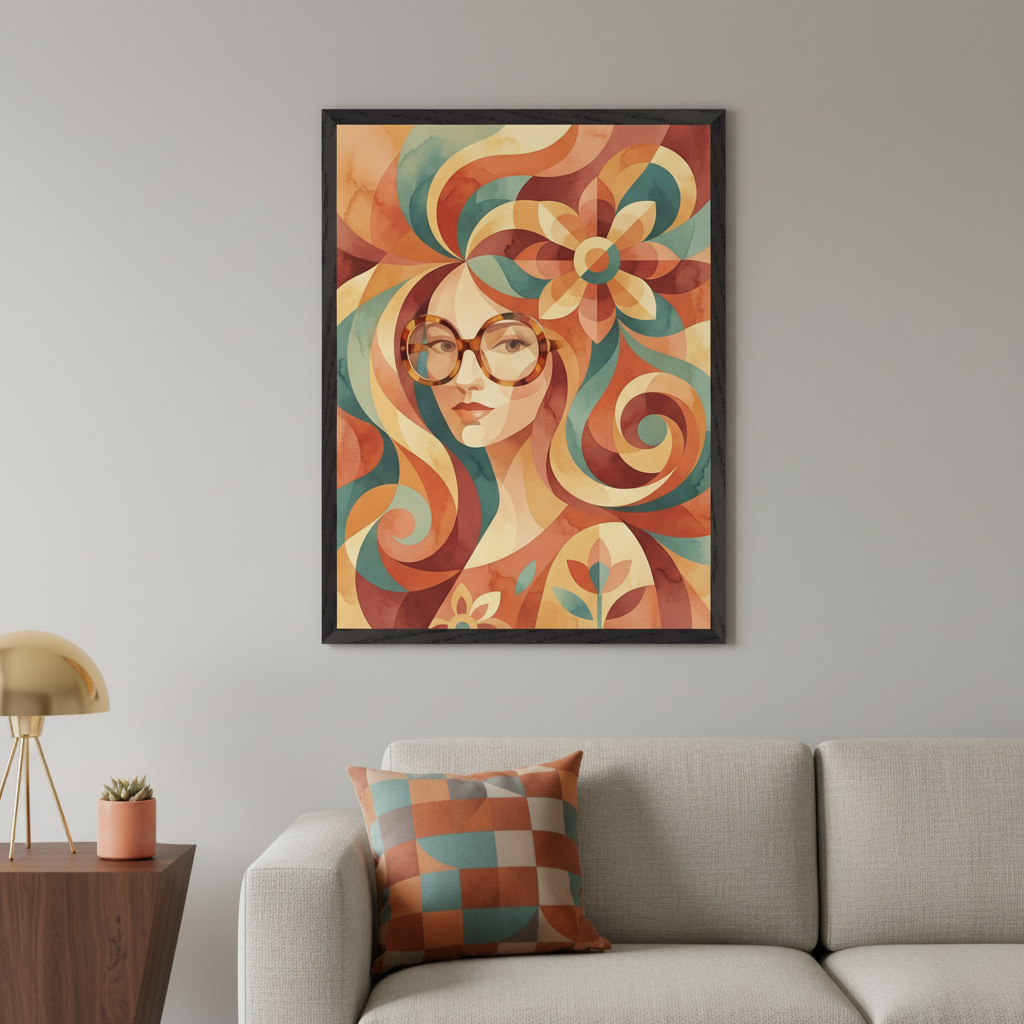 Modern living room with a light grey sofa. A large framed abstract geometric portrait of a woman with large round glasses, flowing colorful hair, and floral elements in a retro style hangs above the sofa. A wooden end table with a lamp is on the left.