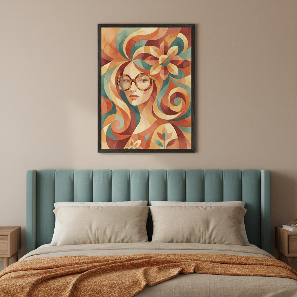 Modern bedroom with a teal upholstered bed. A framed watercolor-style portrait of a woman with large glasses and abstract, flowing, colorful hair and floral elements hangs centered above the bed.