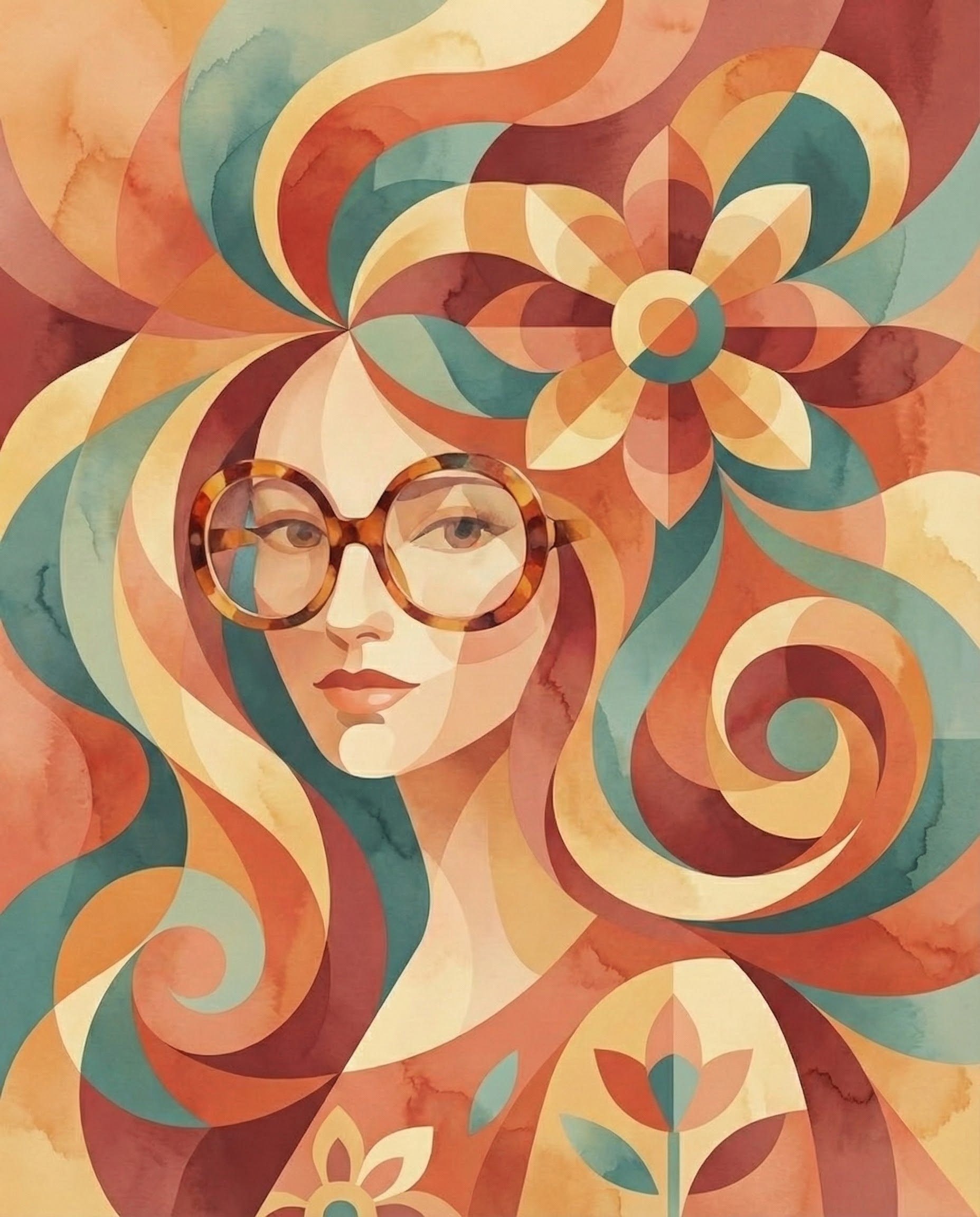 A stylized portrait of a woman with oversized glasses and flowing multicolored hair forming floral patterns in soft orange, teal, and red tones. The abstract, layered design has a vintage 70s-inspired feel.
