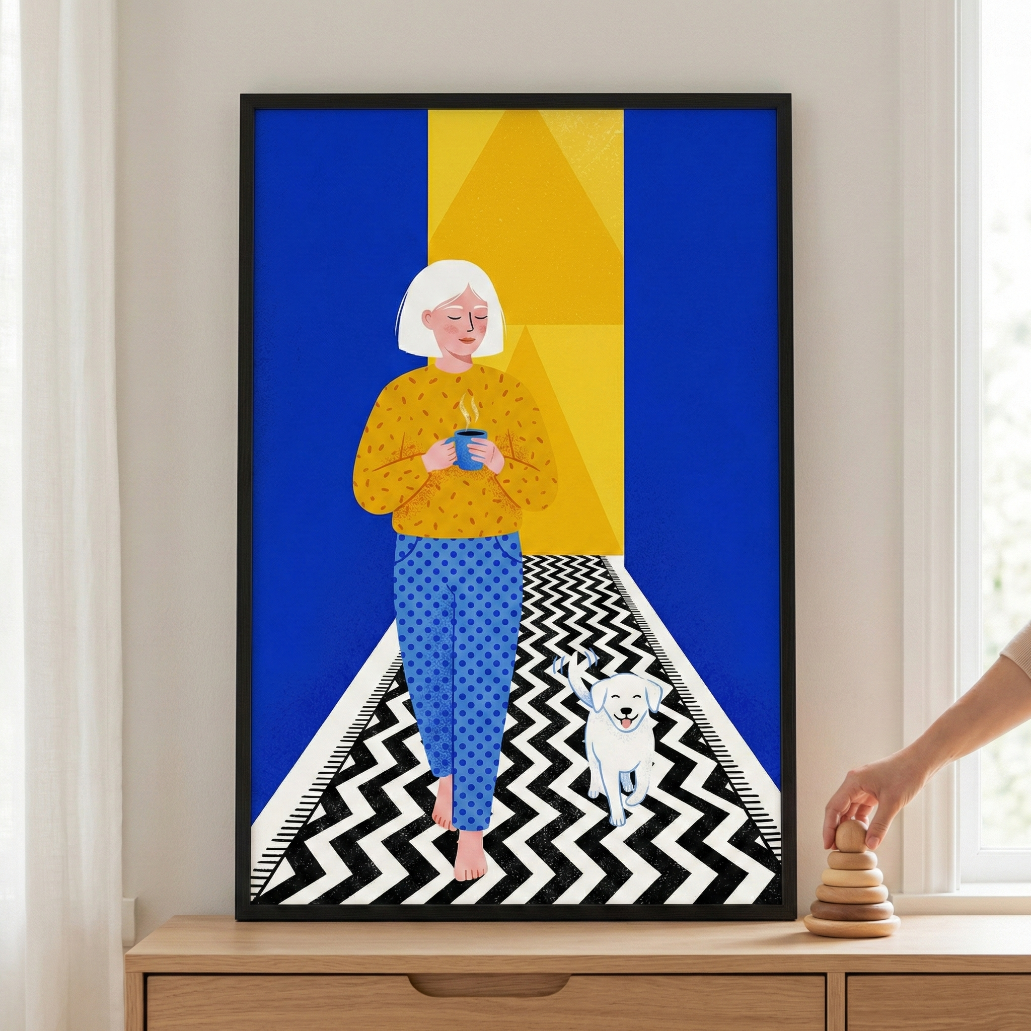 Woman With Short White Hair Dog Wall Art - Cozy Morning Ritual