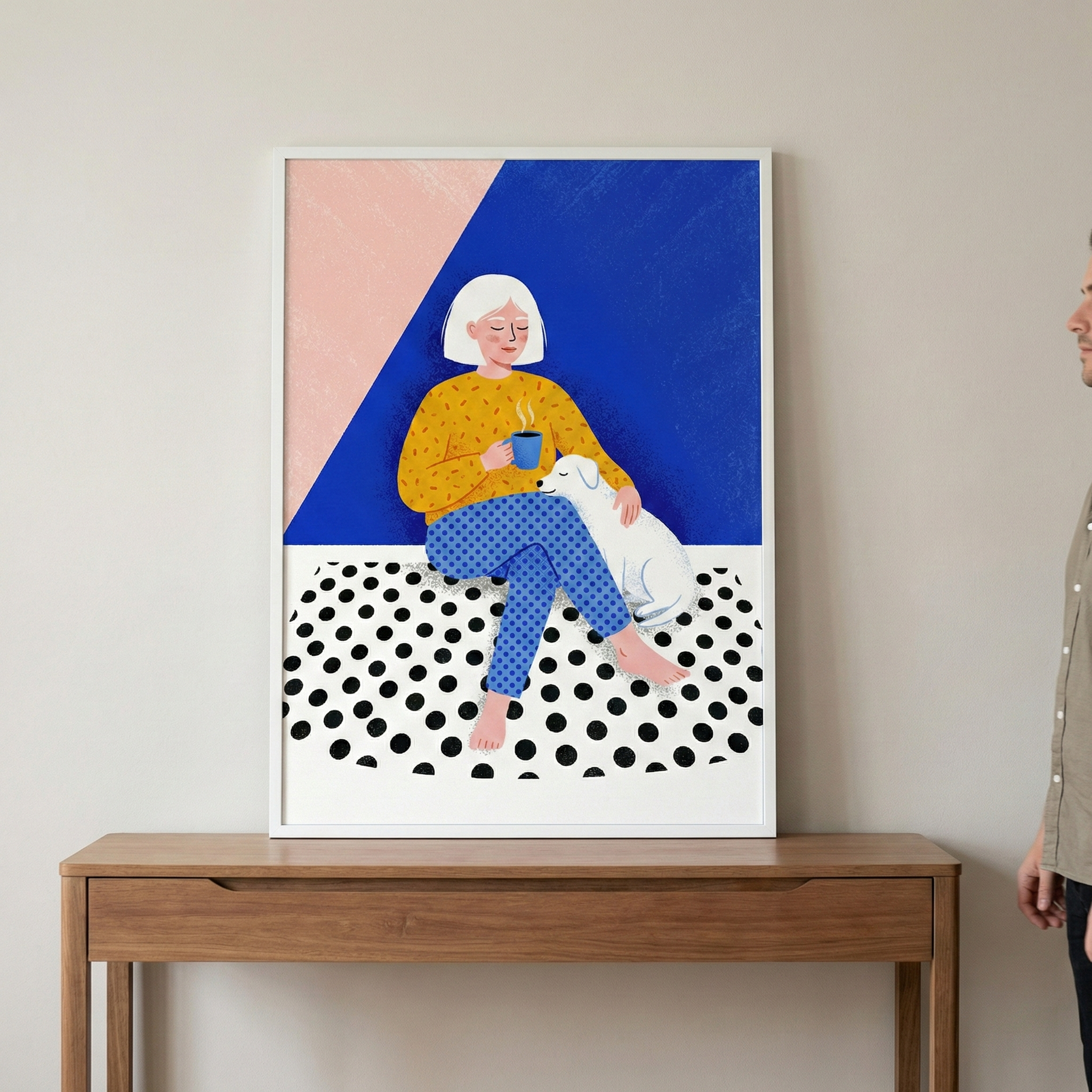 Woman Drinking Coffee With Her Dog Wall Art - Cozy Morning Rest