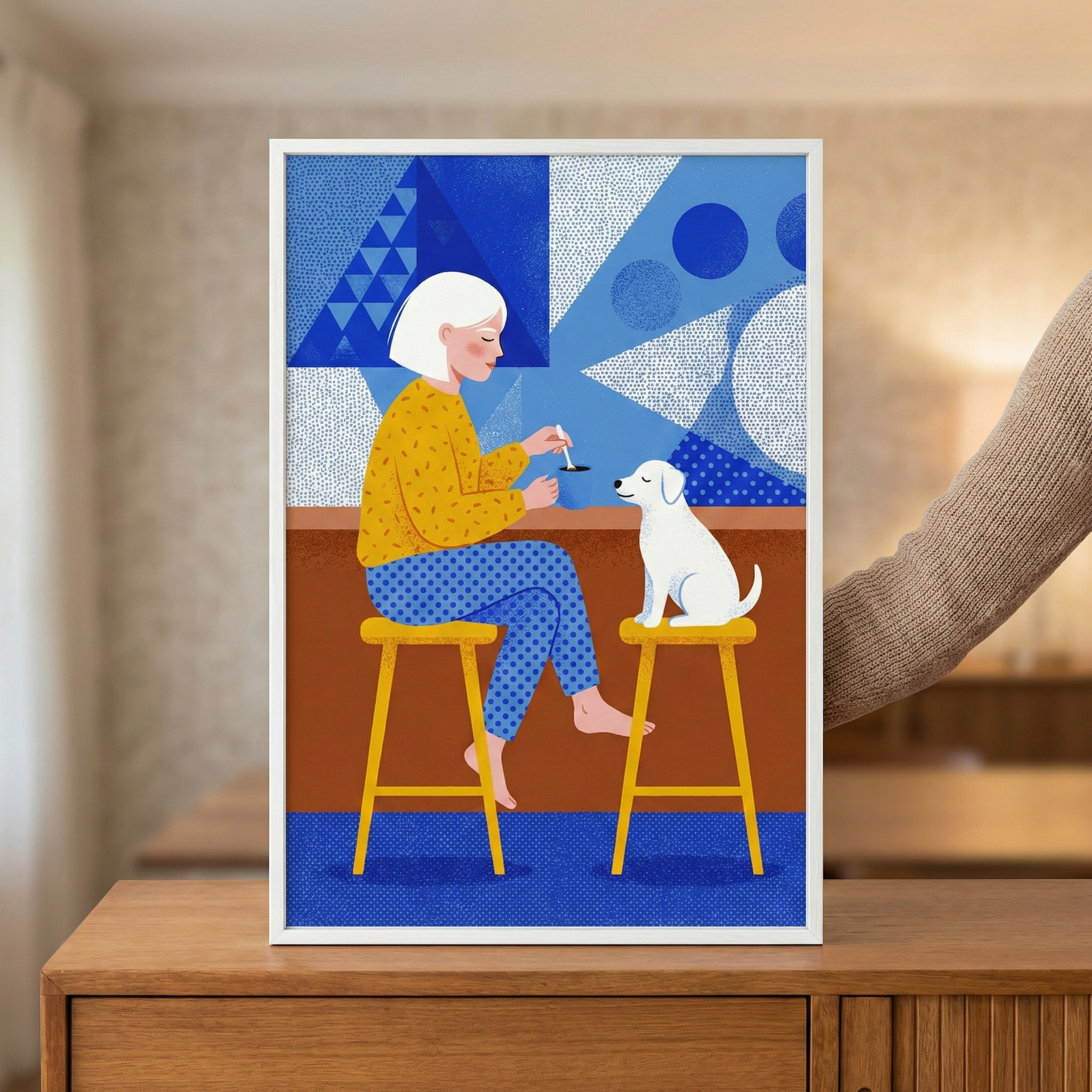 Woman Drinking Coffee With Her Dog Wall Art - Quiet Morning Ritual