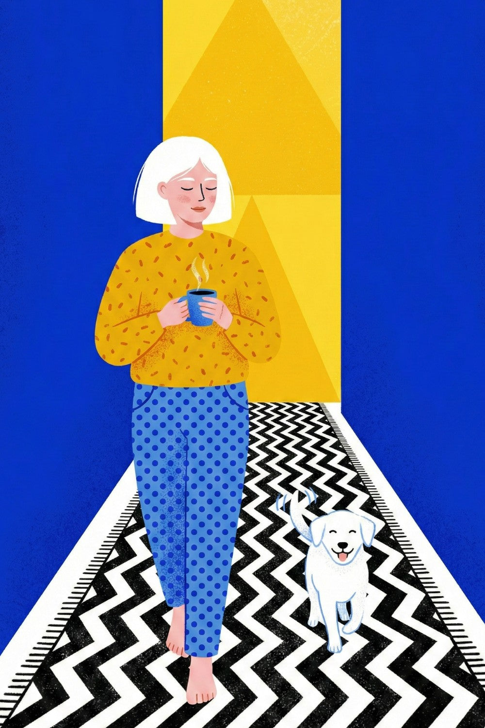 Woman With Short White Hair Dog Wall Art - Cozy Morning Ritual