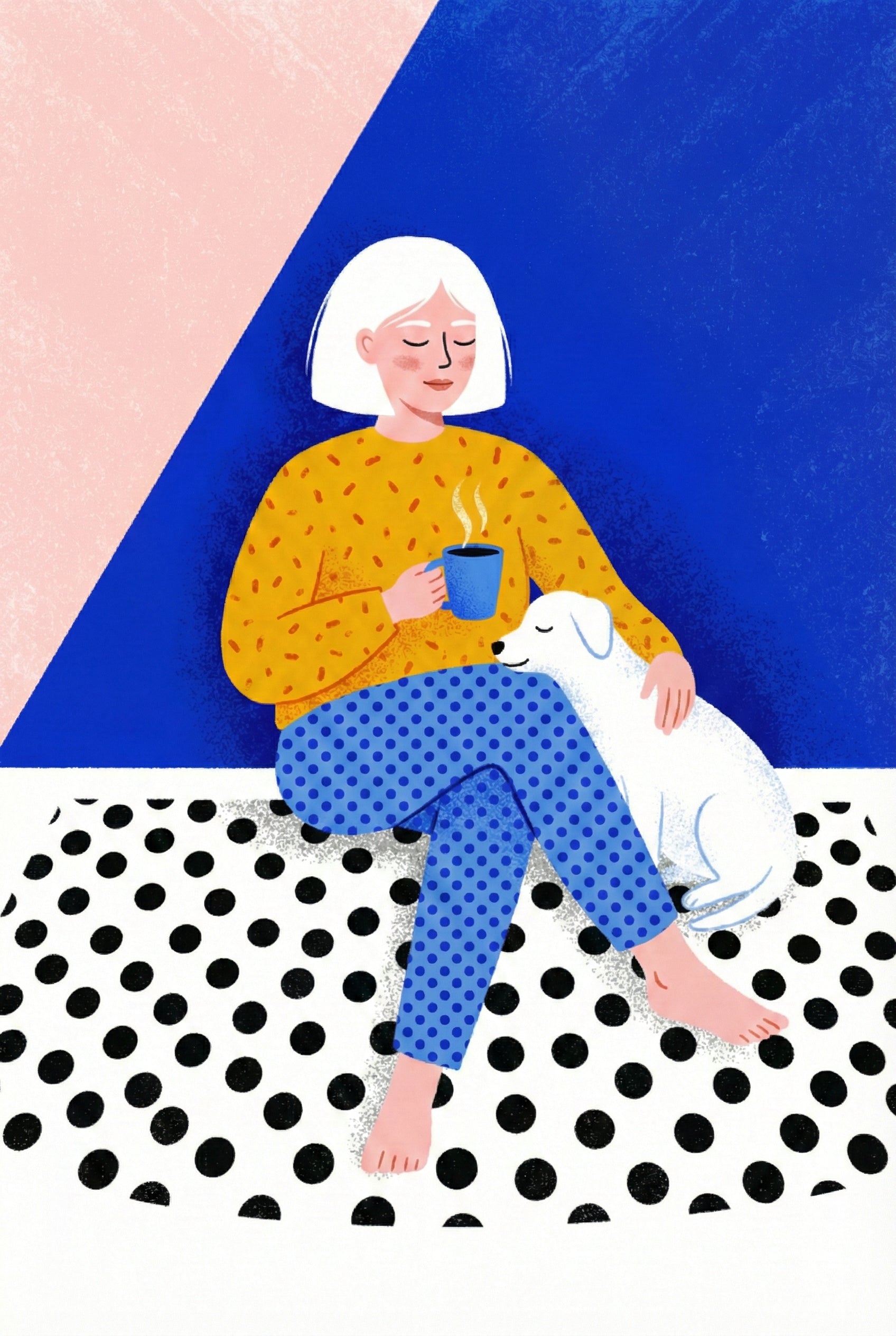 Woman Drinking Coffee With Her Dog Wall Art - Cozy Morning Rest