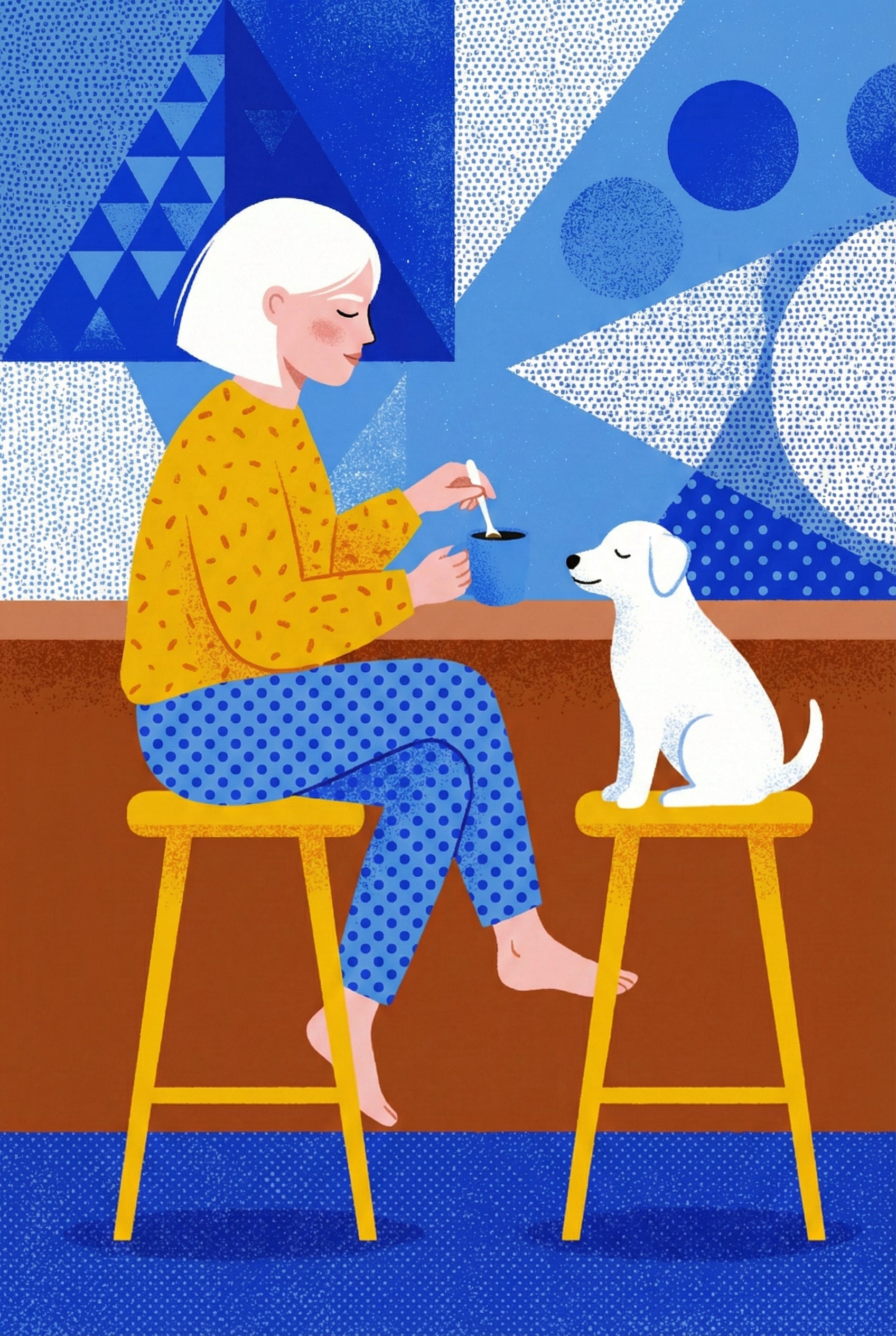 Woman Drinking Coffee With Her Dog Wall Art - Quiet Morning Ritual
