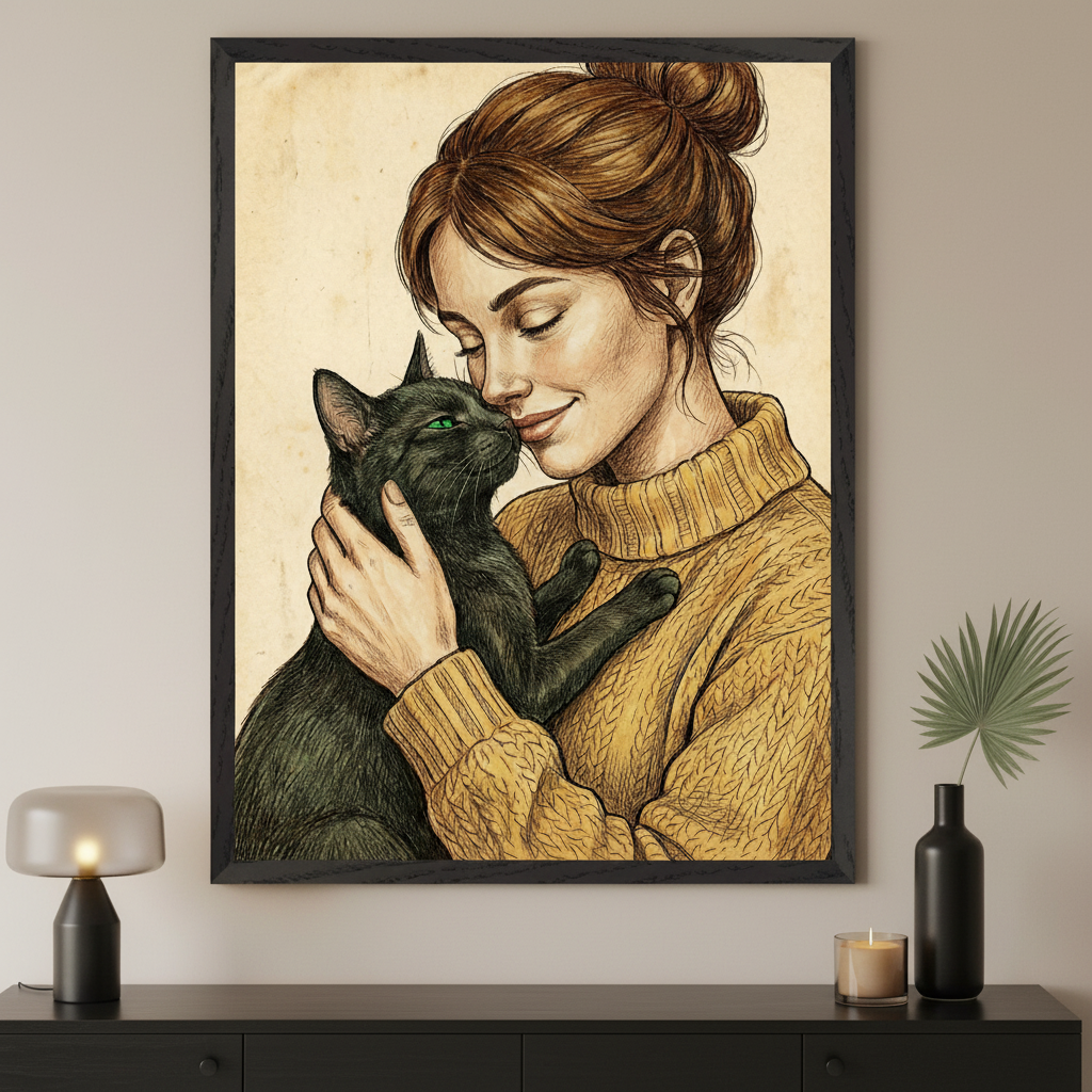 Soulful Bond - Woman with Cat Framed Wall Art for Living Room, Bedroom or Office