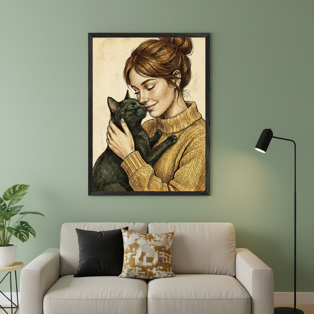 Modern living room with sage green walls and a light gray sofa. A large framed illustration hangs above the sofa, depicting a woman in a yellow sweater holding a black cat with green eyes. A black floor lamp is on the right, and a plant on a side table on the left.