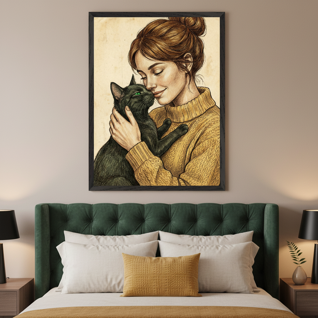 Modern bedroom with a dark green upholstered bed. A framed drawing of a woman in a yellow sweater nuzzling a black cat with green eyes hangs centered above the bed.