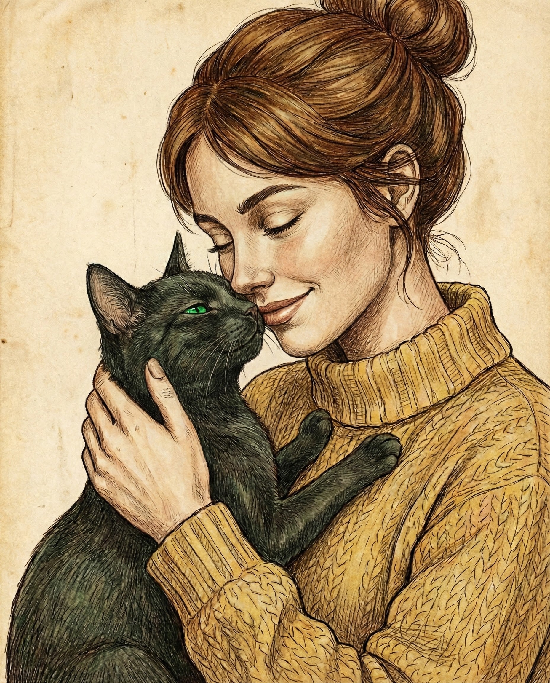 Detailed hand-drawn illustration of a woman with brown hair in a bun wearing a knitted mustard sweater gently embracing a black cat with green eyes both appearing peaceful and affectionate on a parchment-like background
