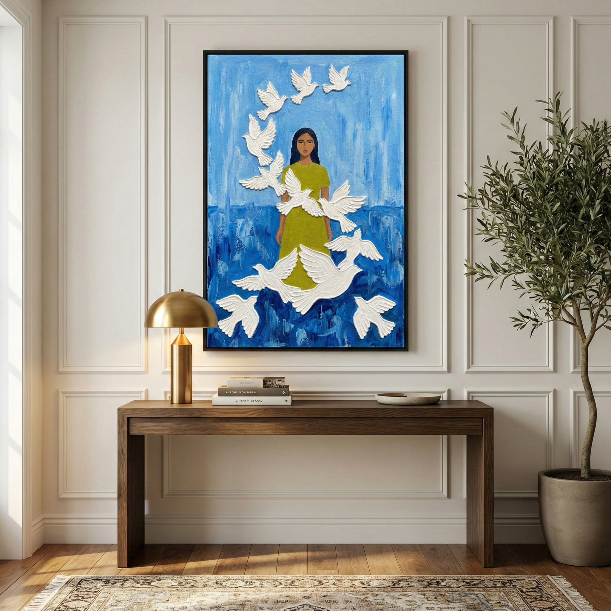 A large vertical artwork hangs on a white wall with decorative molding. The textured piece features a woman with long dark hair wearing a bright green dress, standing against a swirling blue backdrop. A ring of white, textured birds with spread wings circles her. The artwork is positioned above a dark wood console table which holds a brass-colored lamp, a stack of books, and a small bowl. A leafy potted plant in a light-colored ceramic pot stands to the right of the table. 