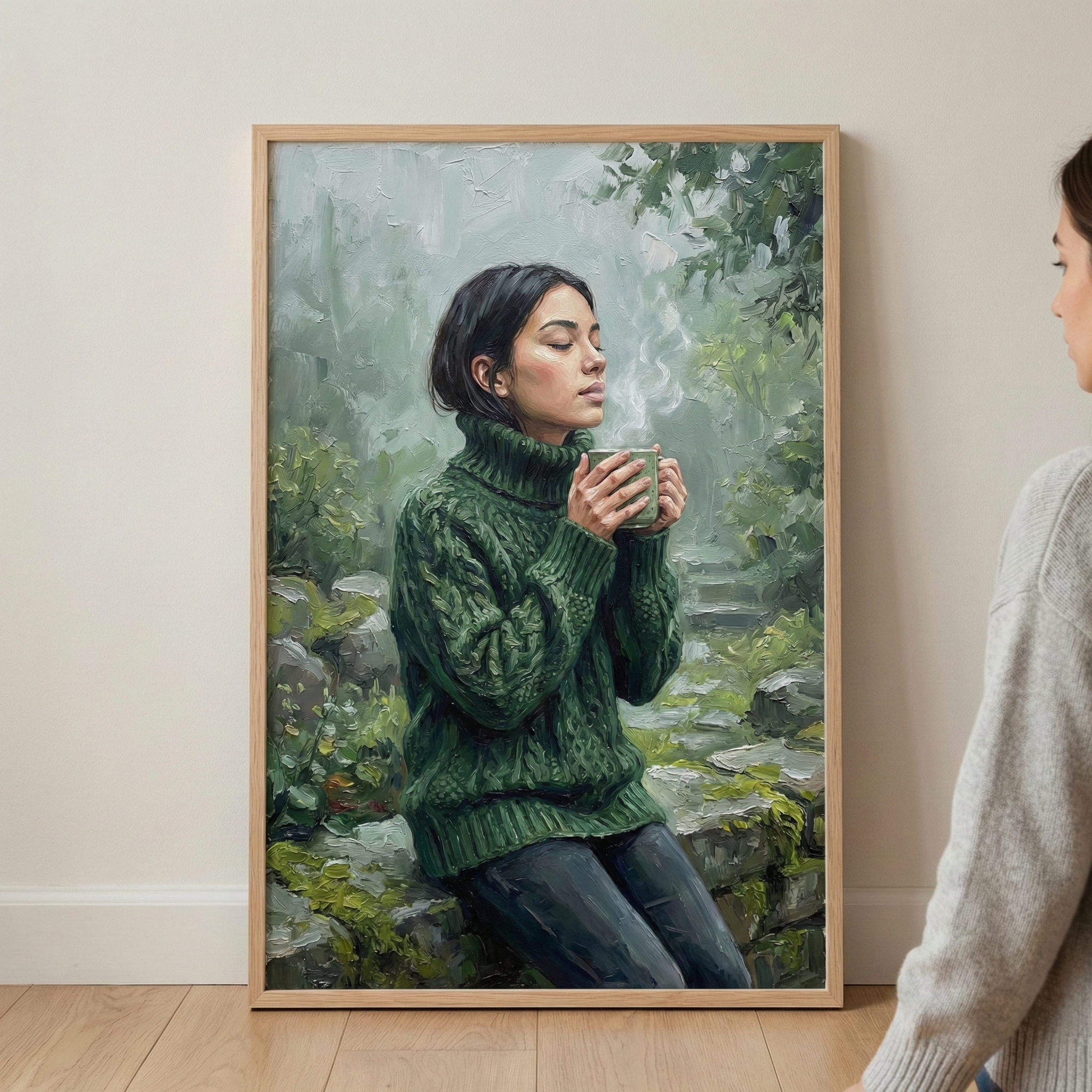A framed artwork leans against a wall, showing a woman with dark hair and closed eyes, savoring a steaming green mug. She wears a thick, green cable-knit sweater and sits on a mossy stone. The scene is set in a misty, lush forest with soft, diffused light. The artwork features textured brushstrokes and an impressionistic style. A person in a light knit sweater is partially visible on the right, looking at the piece. The frame is a light-colored wood, resting on a light floor.