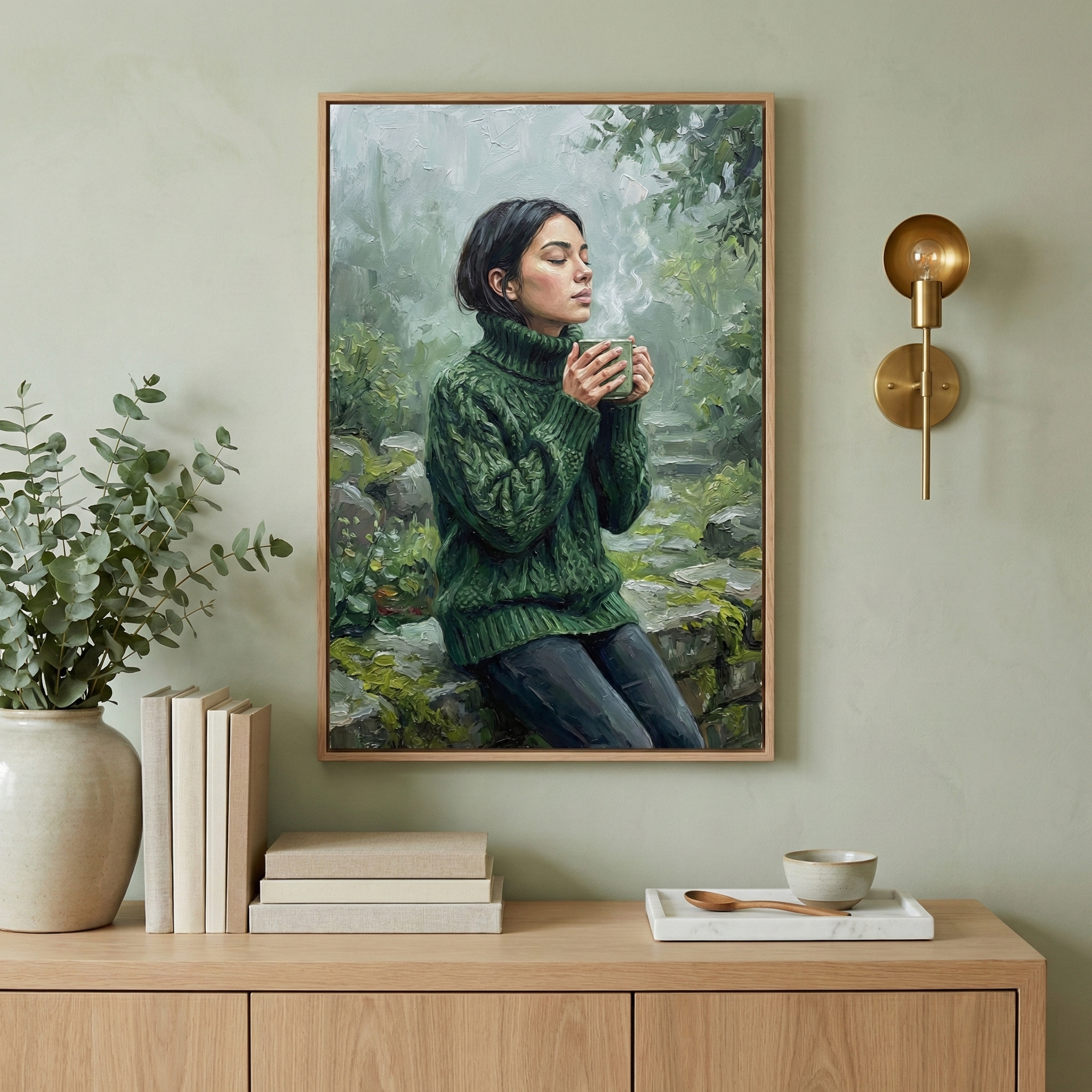 A framed artwork hangs on a light sage-colored wall, depicting a serene outdoor scene. Within the artwork, a woman with dark hair, wearing a thick, textured forest-green turtleneck sweater and dark trousers, sits on a mossy stone wall. She holds a steaming mug to her face with both hands, her eyes closed in a moment of peace. The background of the artwork shows a misty, lush green forest with soft light filtering through the trees.

