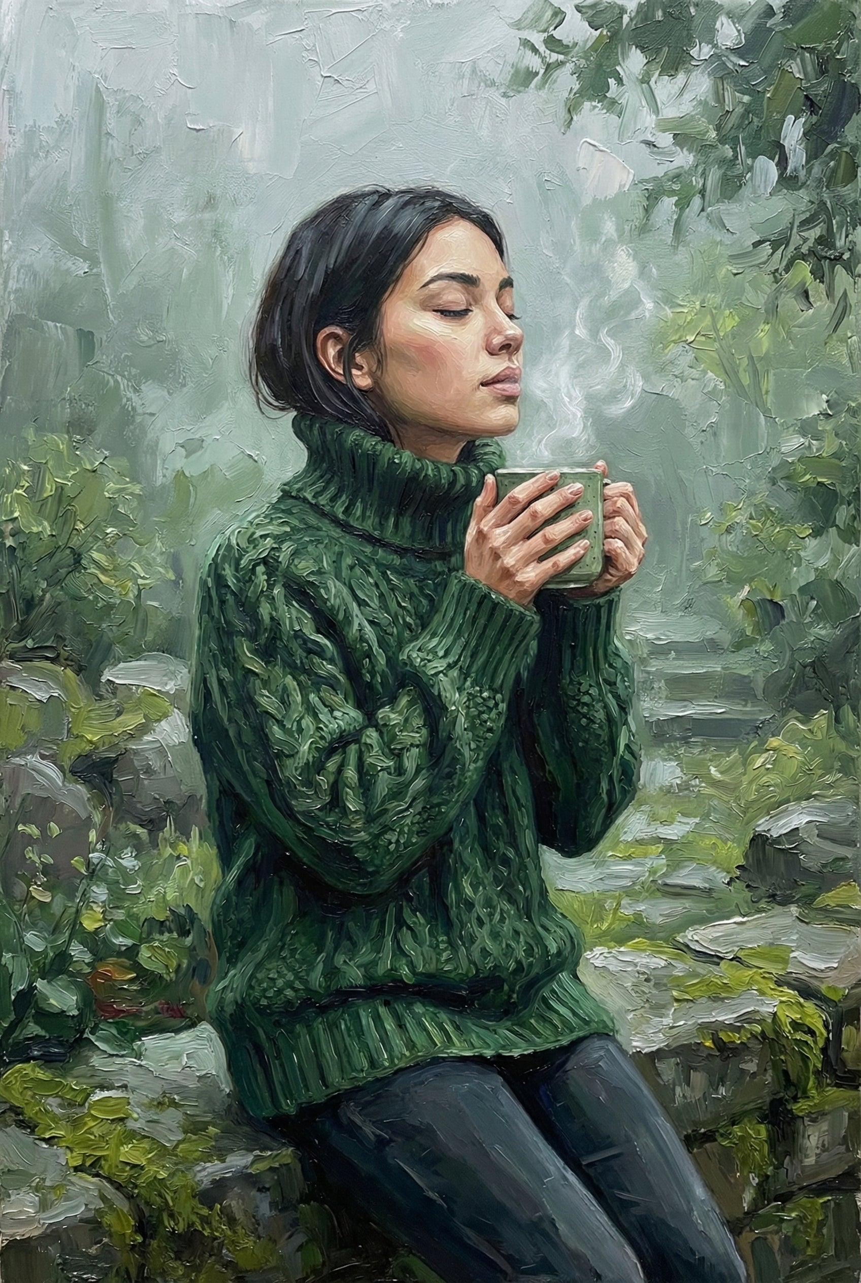 Realistic oil painting of a woman seated on mossy stone steps in a foggy forest, wearing a green sweater and holding a steaming cup, eyes closed in a peaceful moment.