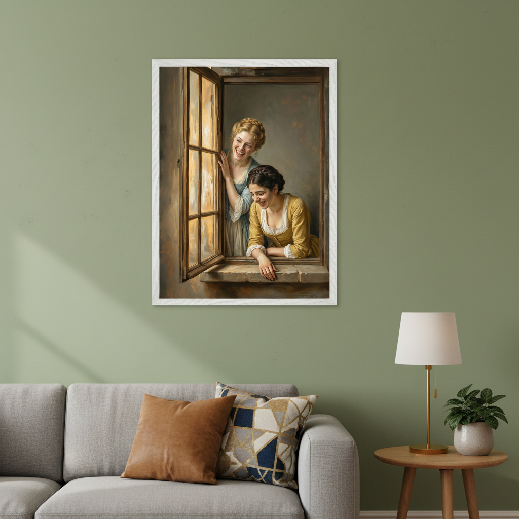 Living room with a grey sofa and a small wooden side table. A framed painting of two smiling women looking out a window hangs on the green wall above the left side of the sofa, to the left of the side table.