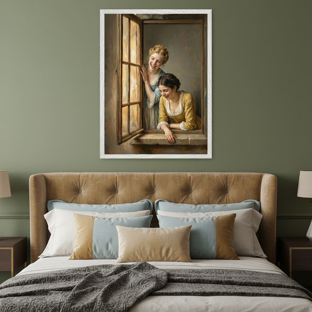 Bedroom with a brown tufted upholstered bed. A framed painting of two smiling women in period clothing looking out an open window hangs centered above the bed on a dark green wall. Realistic style.