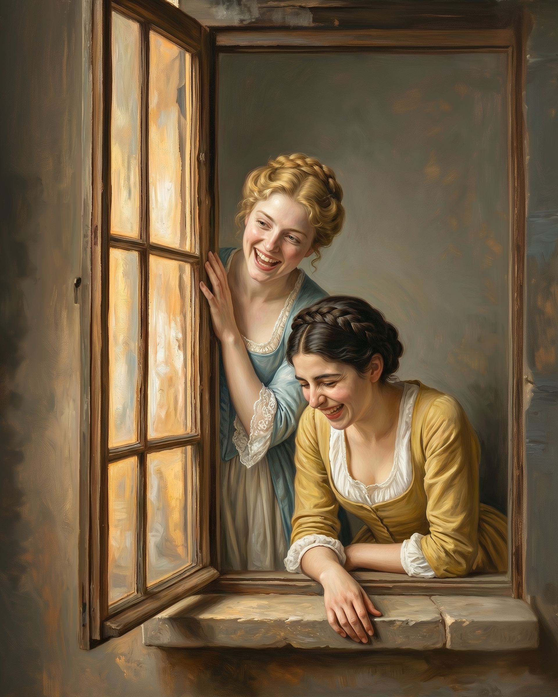 Oil painting of two women in historical-style dresses laughing warmly as they lean out of a rustic wooden window, lit by soft golden light on aged plaster walls.
