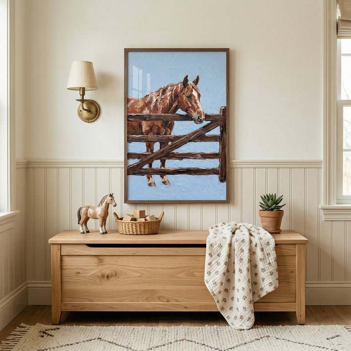 Wooden Fence Brown Horse Wall Art - The Blue Paddock