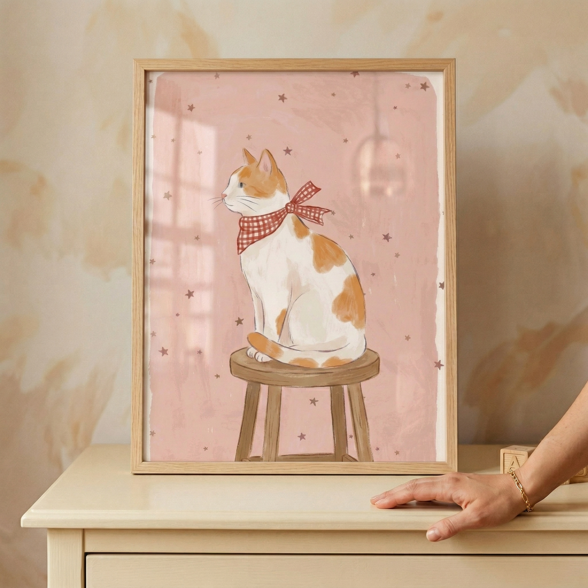 Wooden Stool Sitting Cat Wall Art - Starlit Ginger Cat
