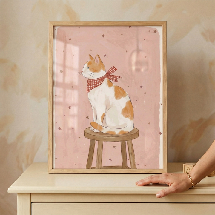 An illustration of a cat sits within a light wood frame, which is placed on top of a cream-colored dresser. The artwork features a white cat with orange patches sitting in profile on a simple, round-topped wooden stool. Around its neck is a red and white checkered bow. The cat is set against a soft pink background dotted with several small, brown stars.