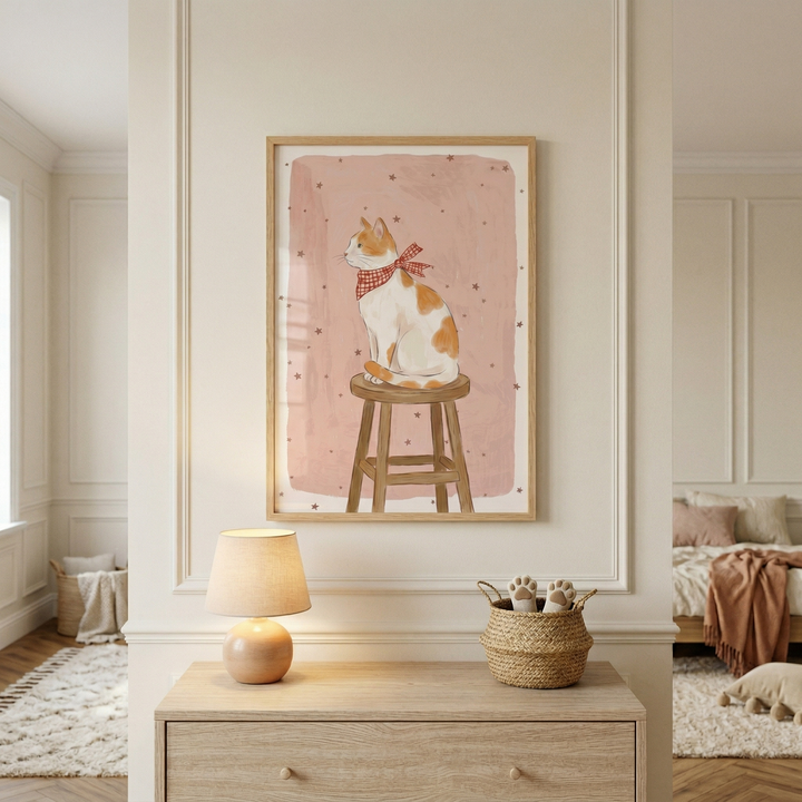 A piece of framed wall art is centered on a cream-colored wall with decorative molding. The artwork features a stylized illustration of a white and orange cat wearing a red and white checkered neckerchief, sitting on a wooden stool. The background of the art is a soft pink with small, scattered stars. Below the art, a wooden dresser holds a glowing table lamp and a woven basket with two plush animal paw-shaped items. Glimpses of a cozy, neutral-toned home interior are visible in the background.