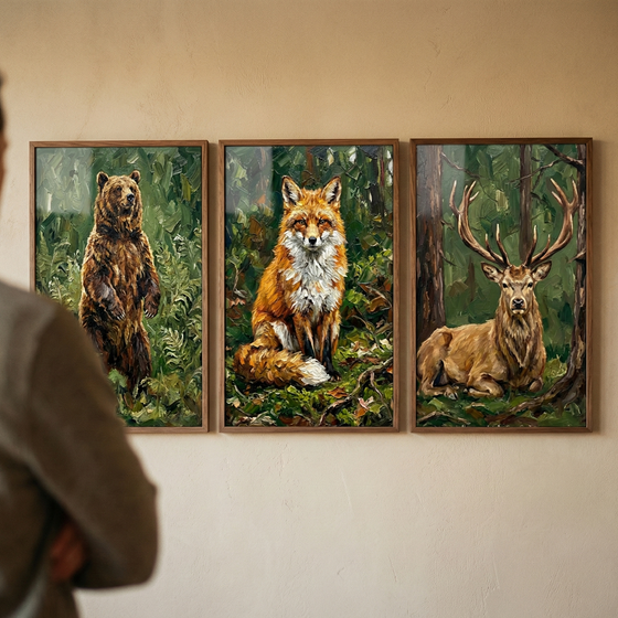 Three vertical wood-framed artworks hang side-by-side on a neutral, light-colored wall. A person is partially visible in the blurred foreground on the left, looking at the pieces. Each frame contains a textured depiction of wildlife in a forest setting. The leftmost artwork shows a brown bear standing on its hind legs among green foliage. The middle piece features a red fox sitting in a woodland environment. The rightmost artwork depicts a deer with large antlers resting on the forest floor. 