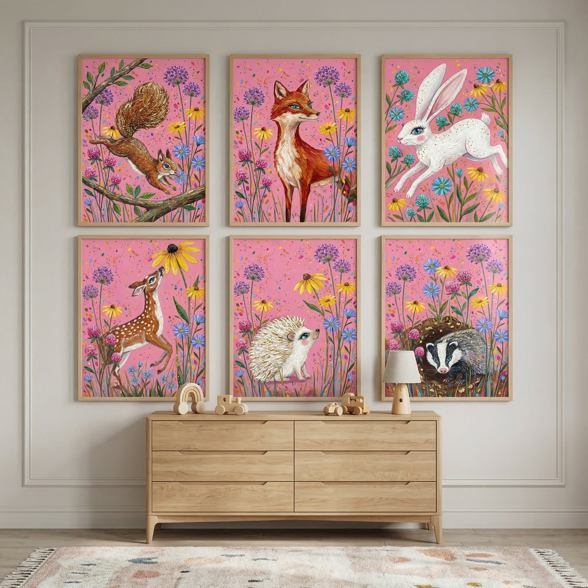 Woodland Animals Nursery Wall Art Set of 6 - Whimsical Meadow Friends
