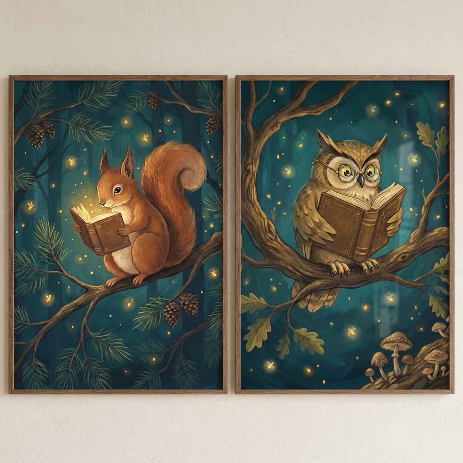 Two framed storybook style paintings hang side by side on a light wall. One shows a squirrel reading an open book on a tree branch and the other shows an owl in round glasses reading on another branch with glowing fireflies floating through a blue forest scene around them.