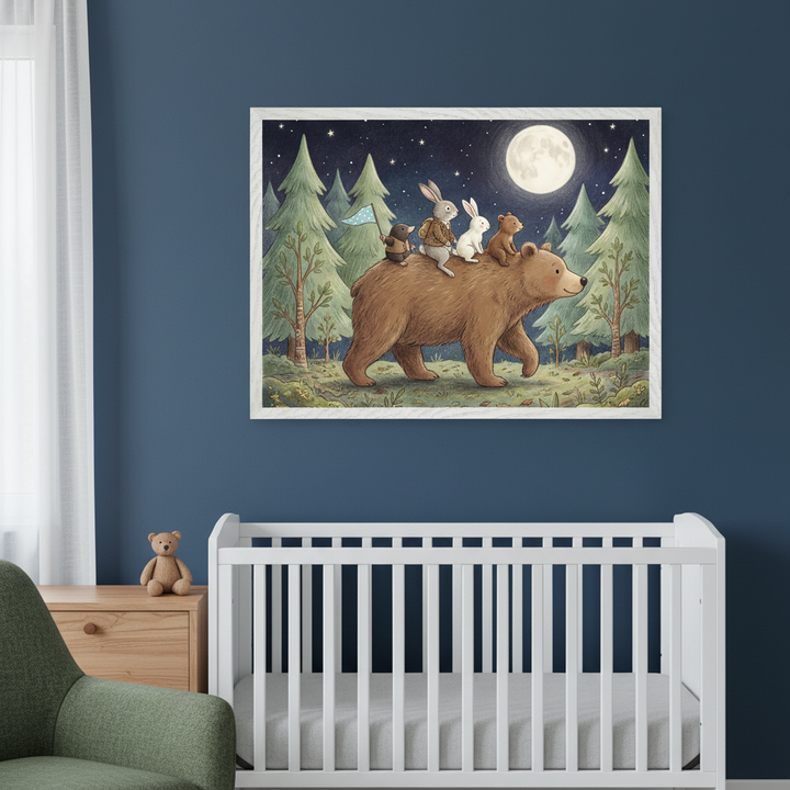 Modern nursery with a white crib and green armchair. A large framed illustration of a brown bear carrying a rabbit, a smaller bear, and a hedgehog through a moonlit forest hangs above the crib on a dark blue wall. A teddy bear sits on a wooden nightstand.