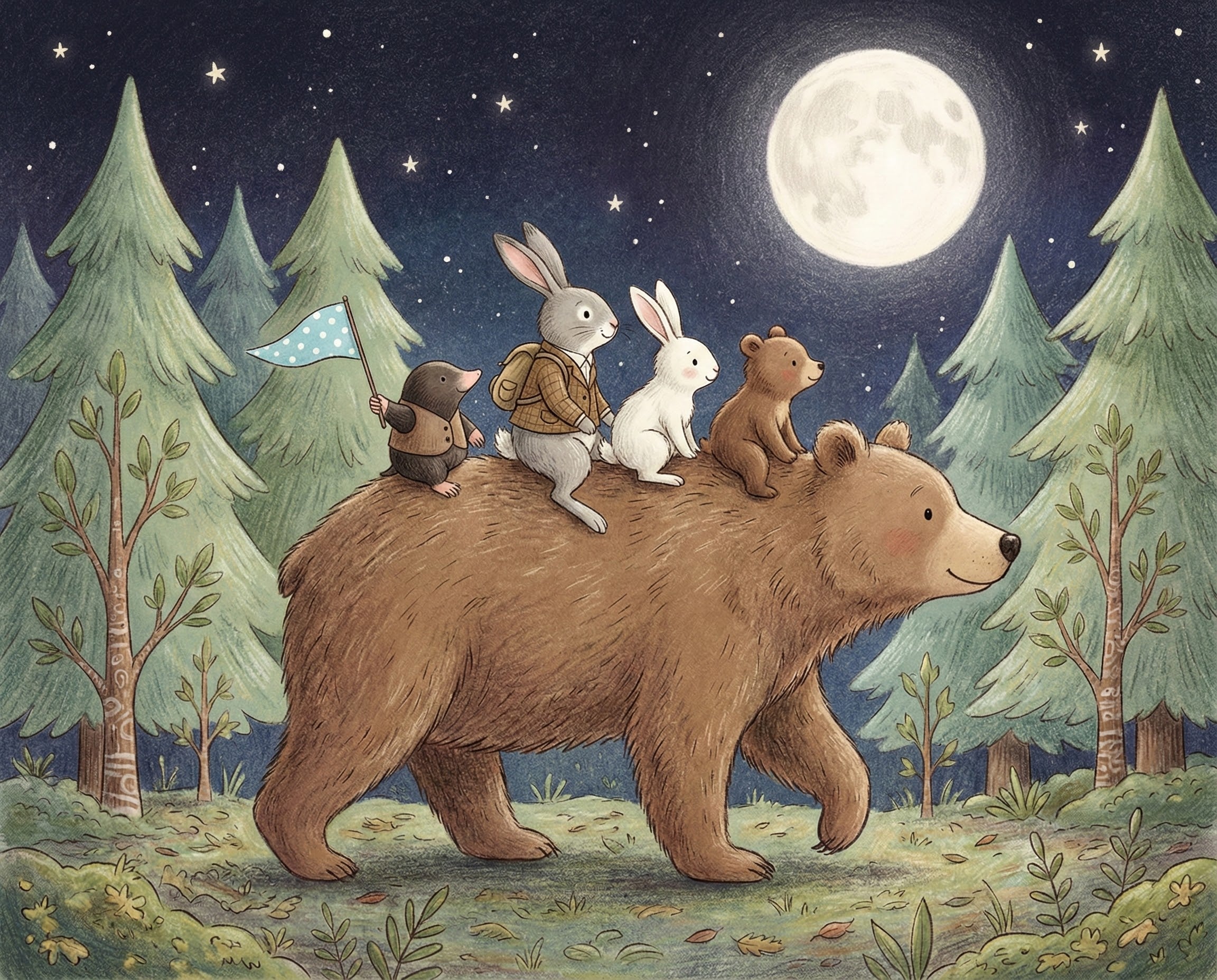 A cheerful nighttime forest scene where a mole, two rabbits, and a baby bear ride on the back of a large smiling bear under a starry sky and a glowing full moon, surrounded by tall pine trees.
