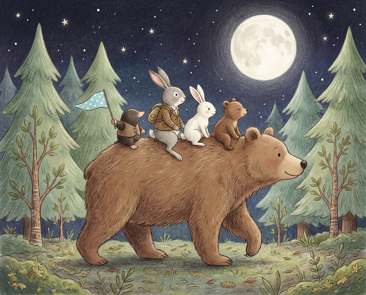 A cheerful nighttime forest scene where a mole, two rabbits, and a baby bear ride on the back of a large smiling bear under a starry sky and a glowing full moon, surrounded by tall pine trees.
