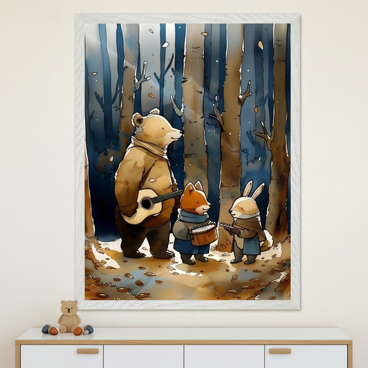A framed art print illustrates a cozy woodland scene featuring a bear playing guitar, a fox with a drum, and a rabbit with a flute, all dressed in scarves and jackets. The trio stands on a leaf-covered path in a softly lit forest, surrounded by tall trees and falling autumn leaves, creating a charming and musical atmosphere.