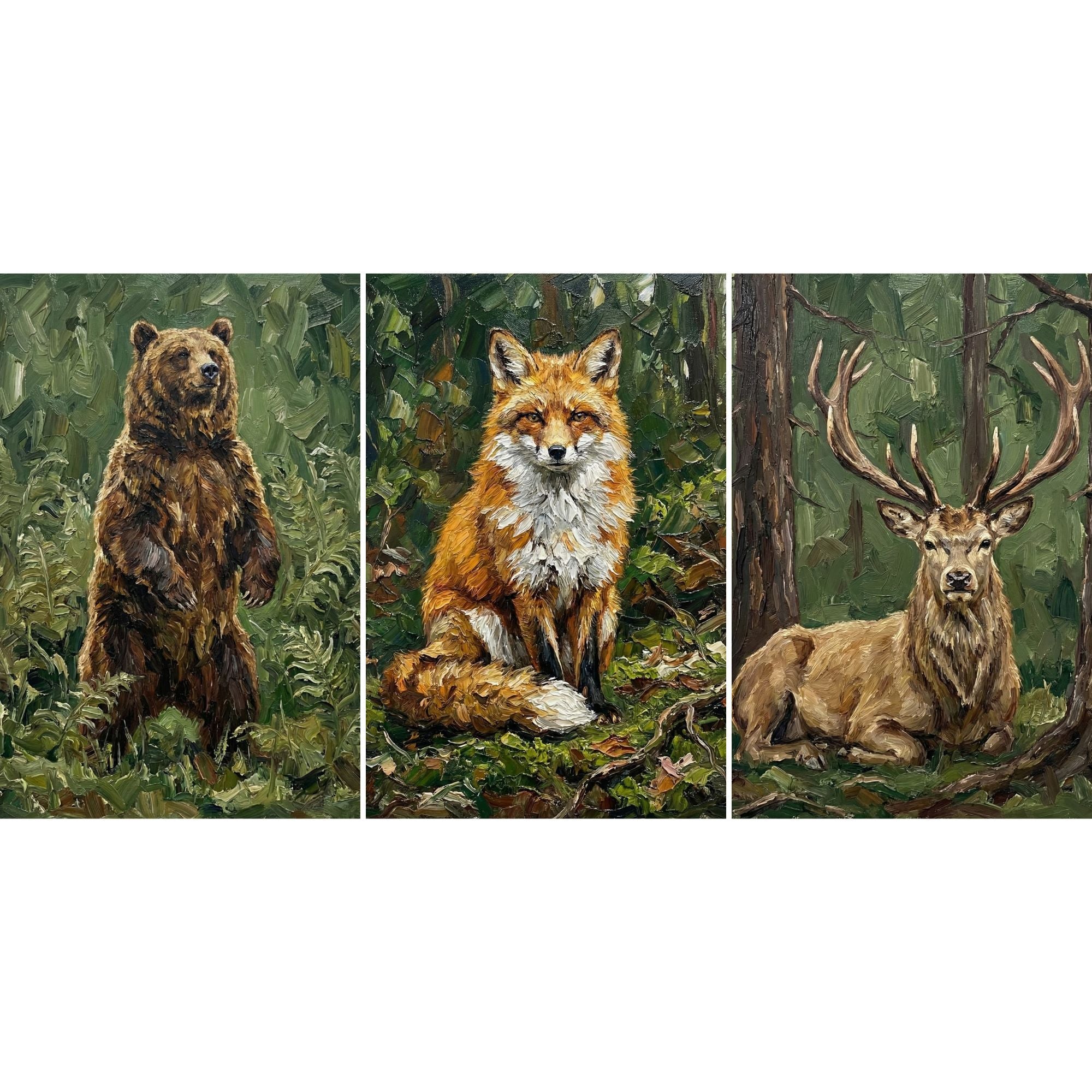 Oil style painting featuring a brown bear standing in greenery, a red fox sitting among forest leaves, and a stag resting between tall trees. Thick textured brushstrokes and rich green tones highlight the natural woodland setting.

