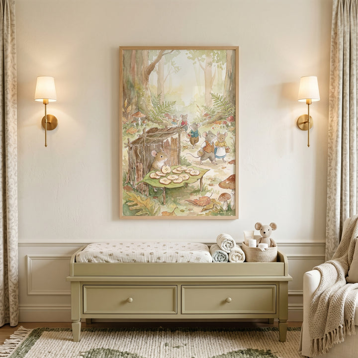 Woodland apple seller mouse wall art hangs above a green changing table in a cozy nursery with gold wall sconces.