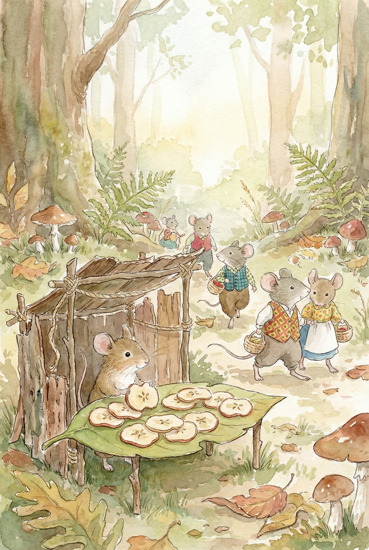 Woodland apple seller mouse wall art shows a mouse selling apple slices on a leaf in a soft watercolor forest.
