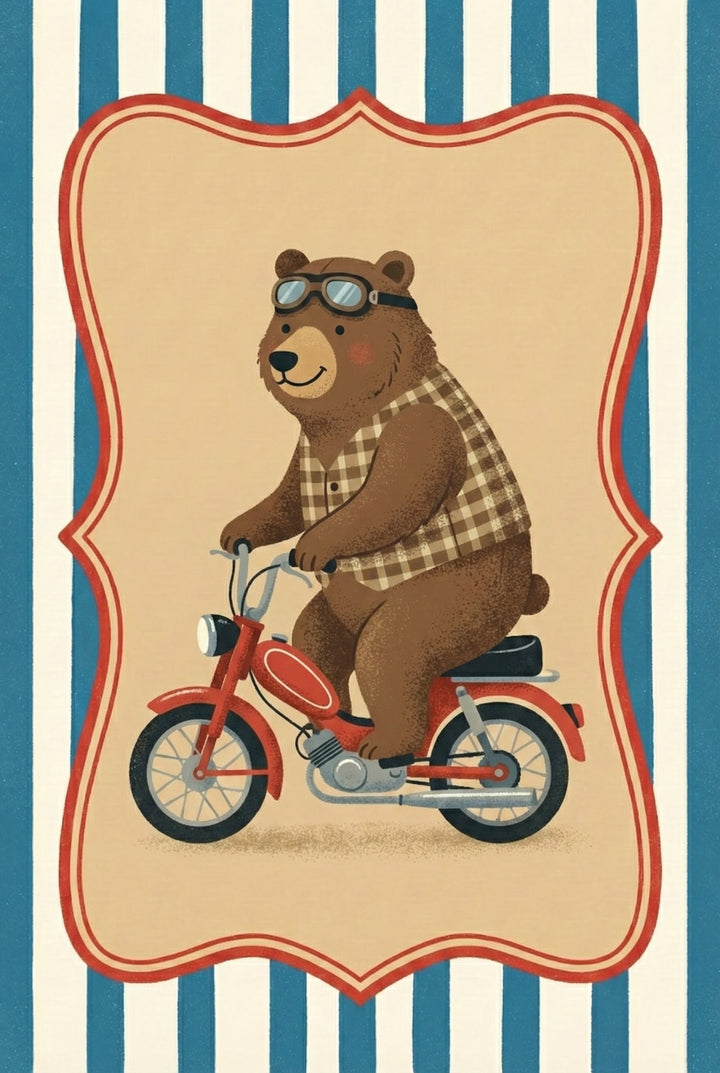 Whimsical Woodland Bear on Motorbike Illustration Art