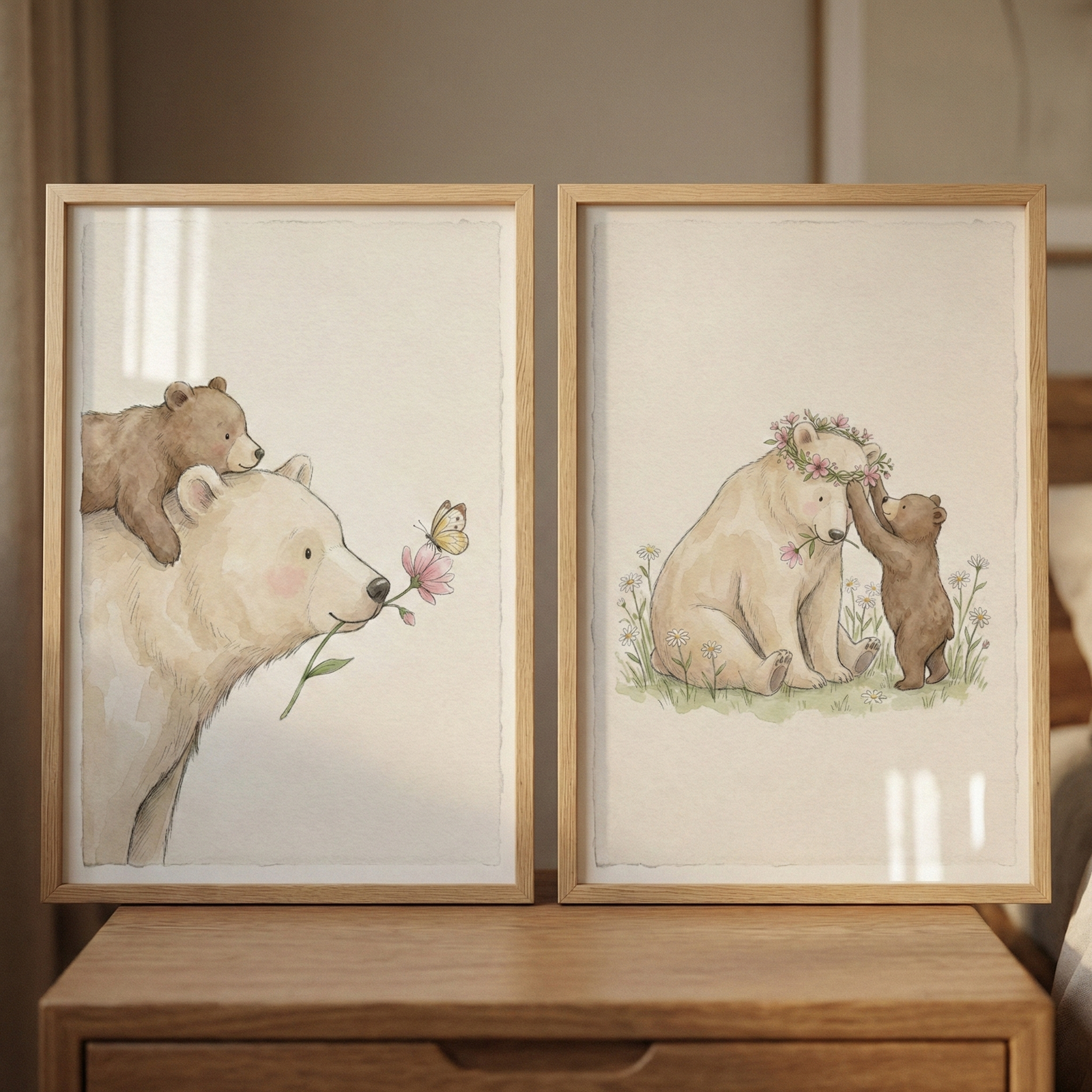 Two light wood-framed watercolor-style illustrations rest side-by-side on a wooden dresser. On the left, a large cream bear carries a small brown cub on its back and holds a pink flower with a yellow butterfly in its mouth. On the right, the cream bear sits on grass wearing a flower crown as the small cub reaches up to touch it; this bear also holds a pink flower. The artwork features a gentle, whimsical aesthetic with soft, muted tones on a textured cream background.