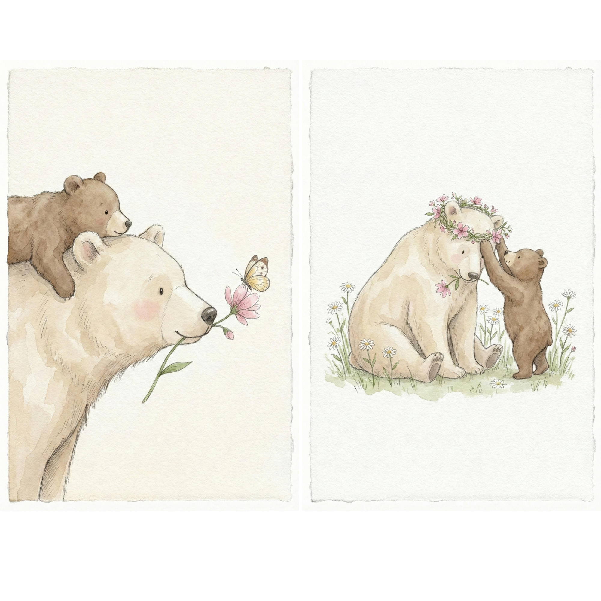 Two panel watercolor illustration of a mother polar bear and her cub in a soft spring setting. In the left panel the cub rides on the mother’s back as she holds a pink flower in her mouth and a small butterfly hovers nearby. In the right panel the cub gently places a pink and green flower crown on the seated mother’s head as they sit together in grass dotted with white daisies.
