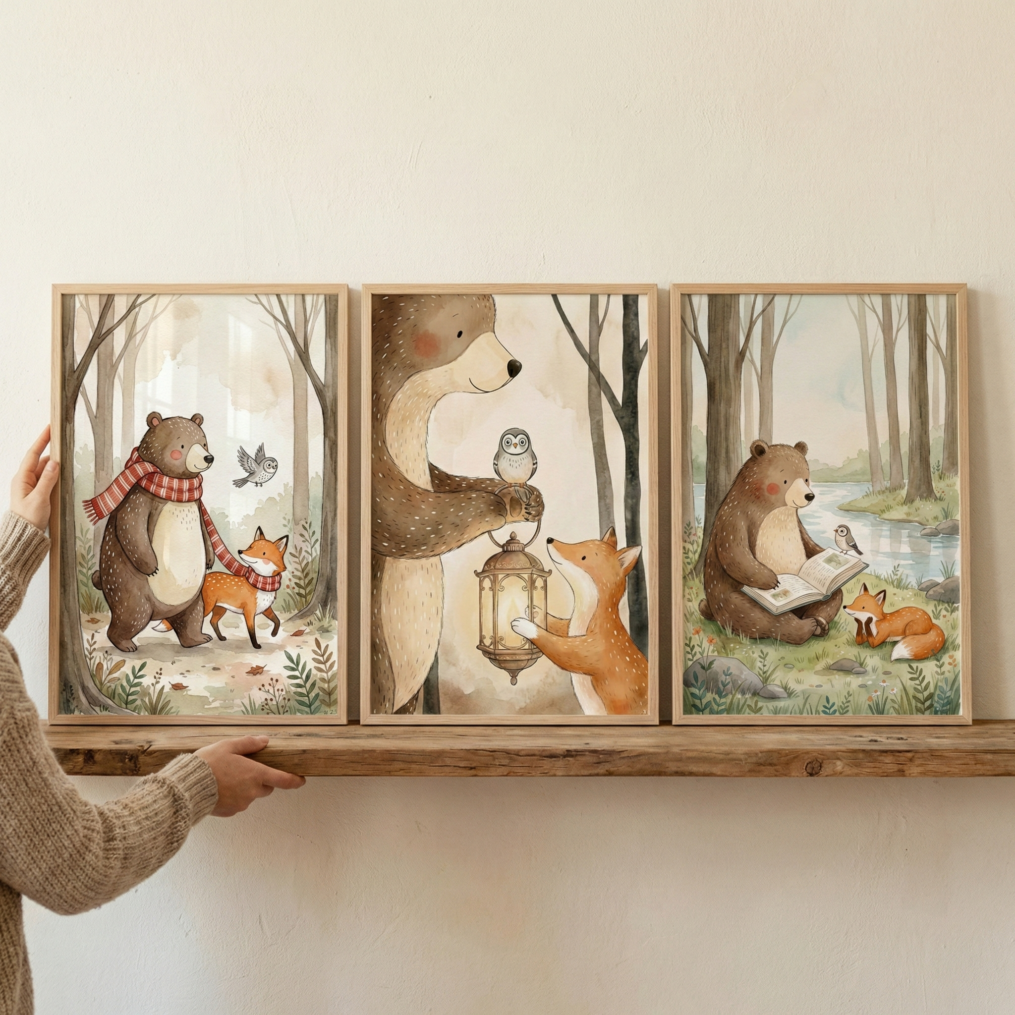 A triptych of three framed watercolor-style illustrations sits on a rustic wooden shelf. Each scene features a large brown bear and a small orange fox in a soft forest. In the left frame, both wear red and white striped scarves while walking. The center frame shows the bear holding a glowing lantern with a small owl, as the fox looks on. In the right frame, the bear reads a book to the fox. A person's hand is visible, holding the edge of the first frame.
