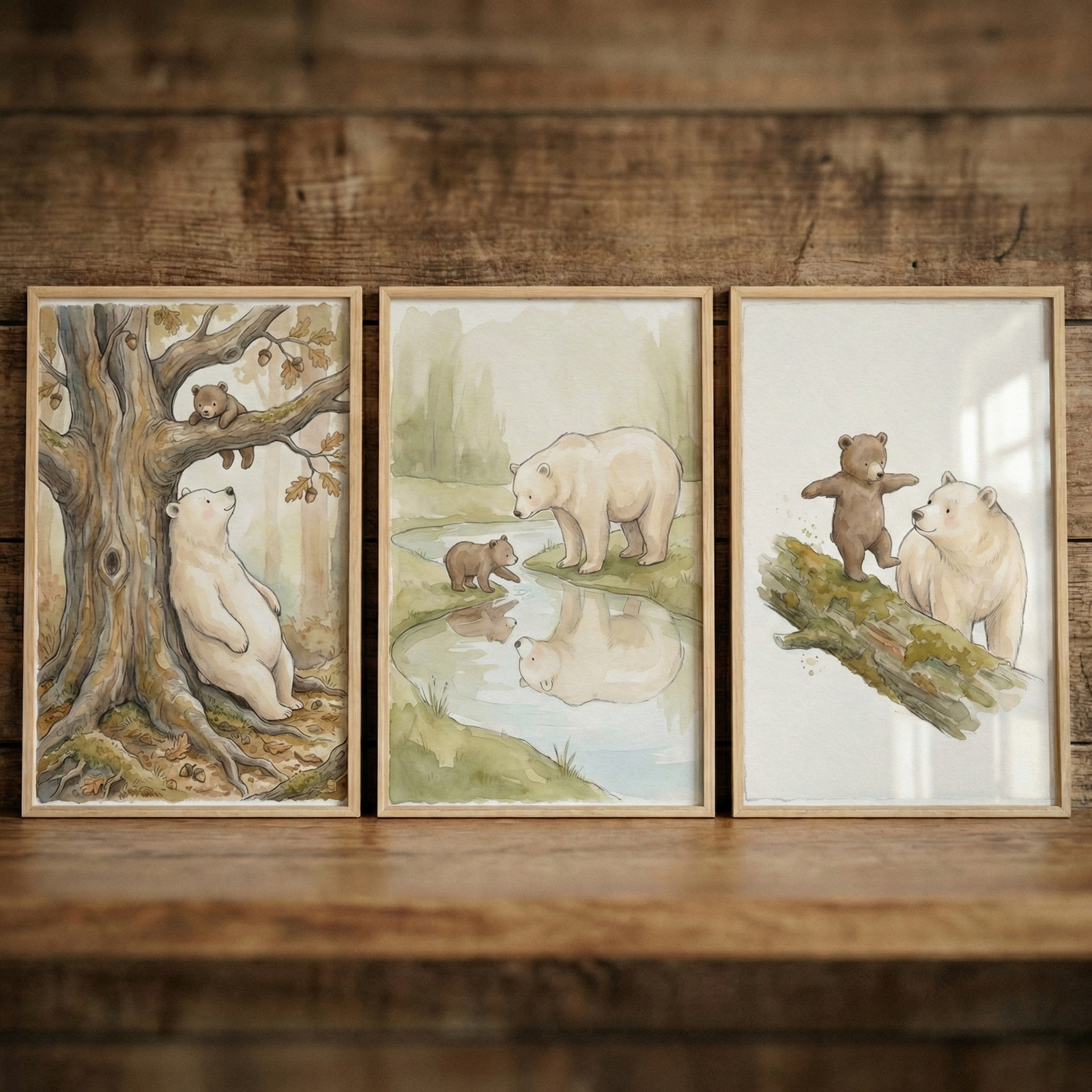 Three vertical wooden frames containing whimsical watercolor-style illustrations rest on a wooden ledge against a rustic wood wall. Each artwork depicts a large white bear and a small brown cub in a natural setting. On the left, the white bear sits by a large tree with the cub above. In the center, they stand near a reflective stream. On the right, the cub walks across a log while the white bear watches. The scenes use soft, muted tones and a gentle, storybook aesthetic.